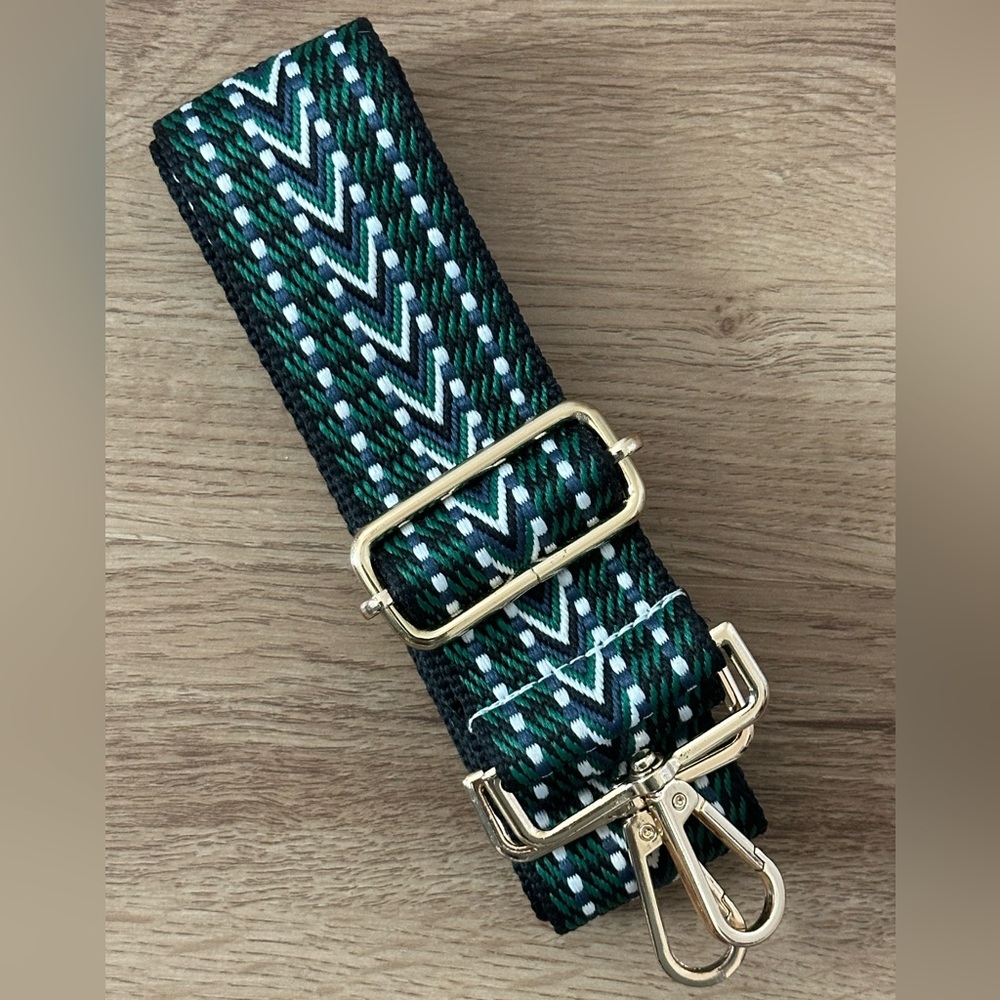Tribal Pattern Green and Black Purse Crossbody Strap with Gold Hardware
